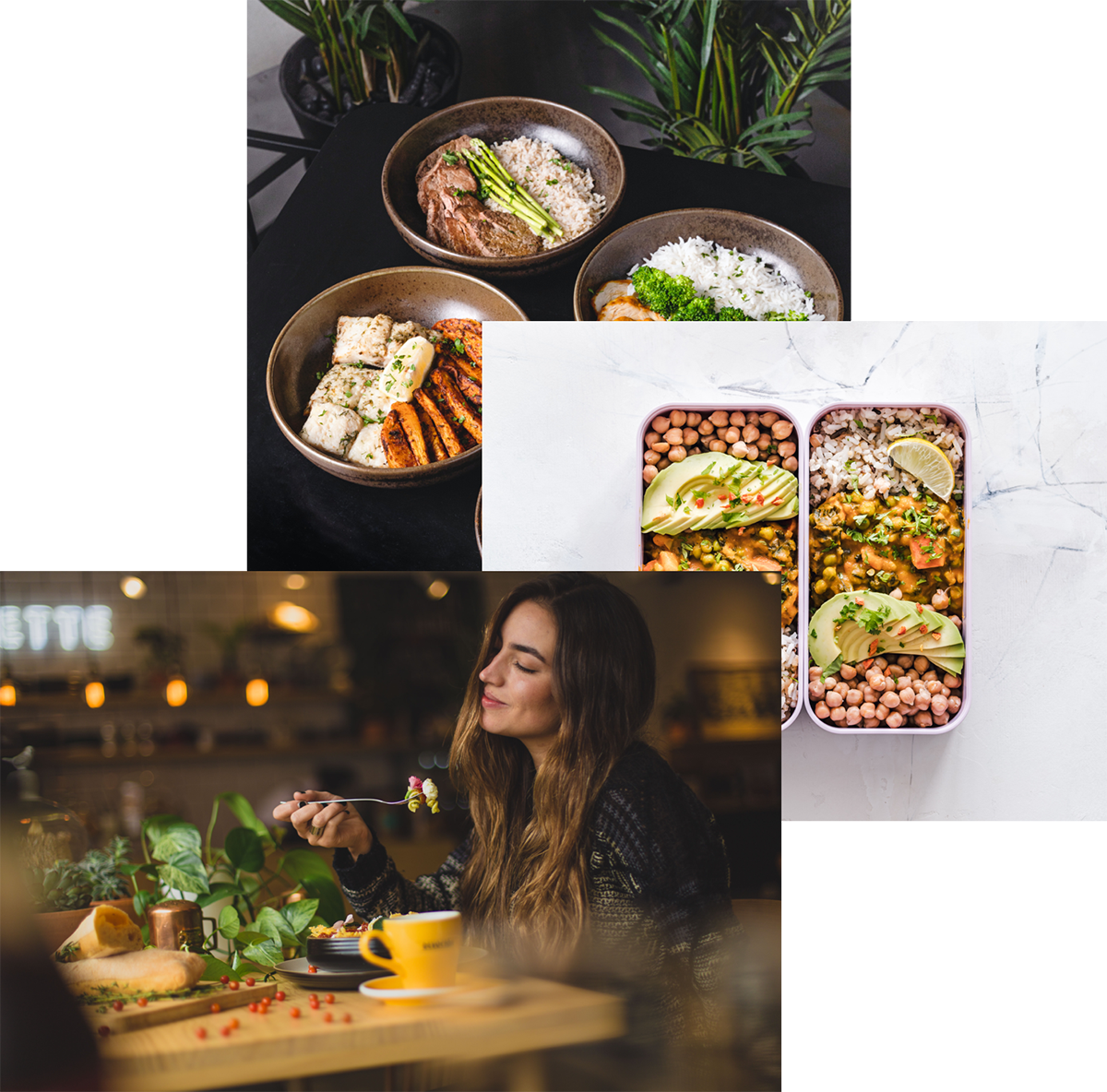 woman enjoying food, meals  on storage container and food bowls on a table